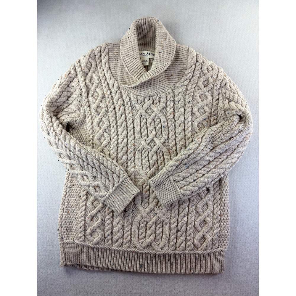 Aran Mor Ireland 100% Merino Wool Shawl Collar Knit Sweater Donegal Cream Large